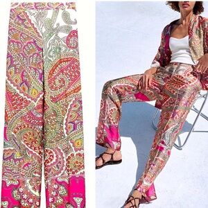 Zara Pink and Green Paisley Wide Leg Satin Pants Boho Chic Classy M